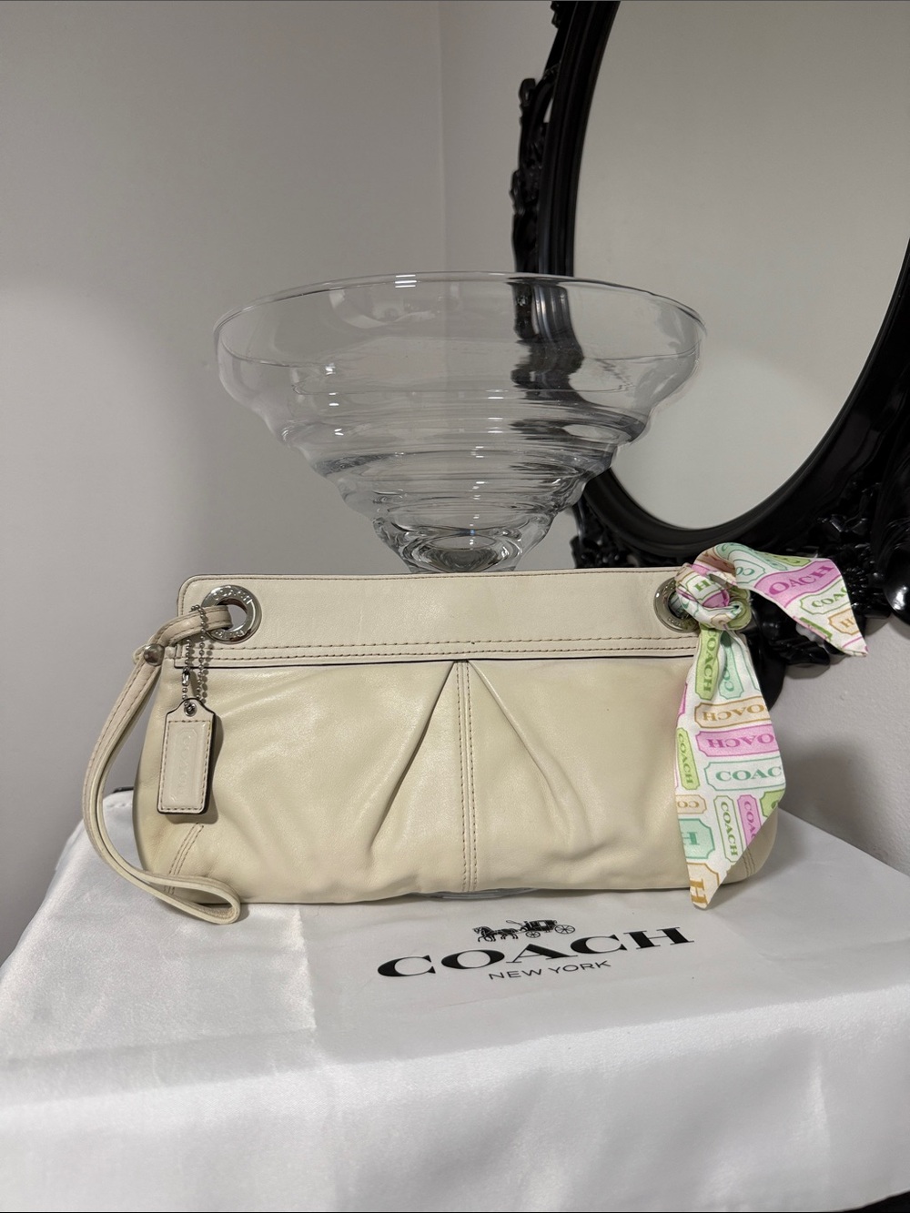 Coach Cream Leather Wristlet with Signature Tag 🎀